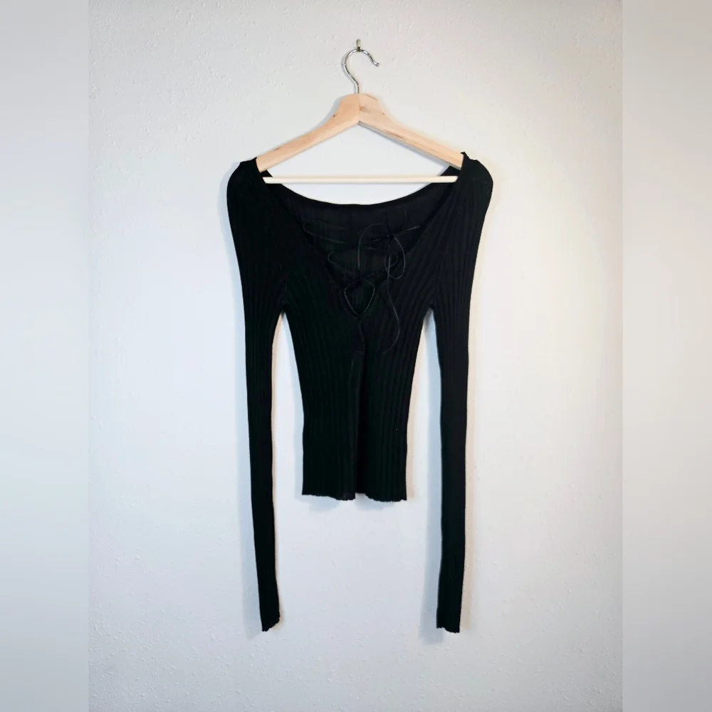 Free People Ribbed Low Back Cross Tie Long Sleeve Top Size Small NWT